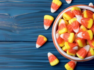 halloween candy corn in bowl with blue wooden background and copy space