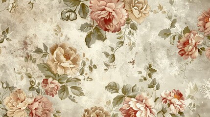 Wall Mural - Vintage floral pattern with roses and leaves on a textured background.