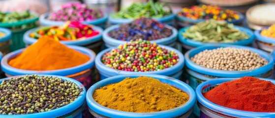 colorful spices displayed in blue bowls at an asian market - aromatic herbs and seasonings for cooking