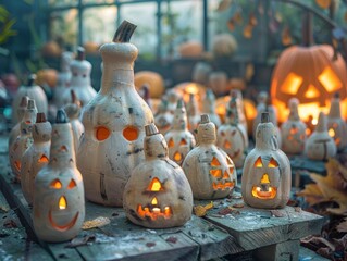 Canvas Print - A group of carved pumpkins with lit candles inside. AI.