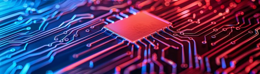 Wall Mural - close-up macro photography of a red and blue circuit board with a processor chip - technology abstract background.