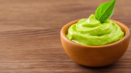 Sticker - Closeup of smooth avocado spread on a rustic wooden background with bright green hues and creamy texture 