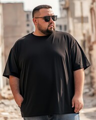 Wall Mural - Confident model displays a blank black t-shirt in an urban environment