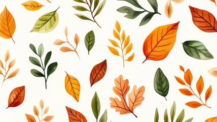 Wall Mural - Overhead view of a soft watercolor pattern with various autumn leaves in warm hues on a light beige background 