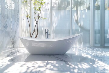 Wall Mural - White Bathtub in Modern Luxury Bathroom Design. Large and New Three-Dimensional Interior