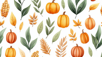 Sticker - Overhead view of a vibrant watercolor pattern with fall foliage, gourds, and corn in warm autumn colors on a white background 