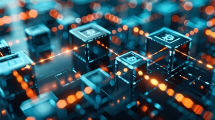 Poster - hyper-detailed image of a blockchain visualization, interconnected nodes, data flow,