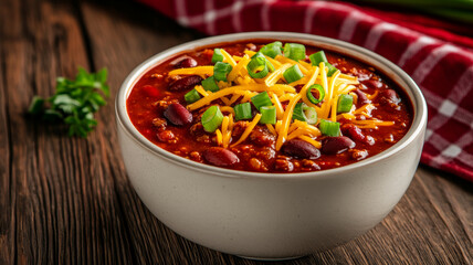 Canvas Print - Wide angle of a hearty bowl of chili topped with shredded cheese and green onions on a rustic table background 