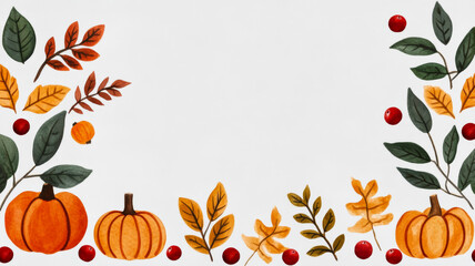 Wall Mural - Wide angle of a watercolor Thanksgiving design with autumn leaves, cranberries, and pumpkins on a light grey background 