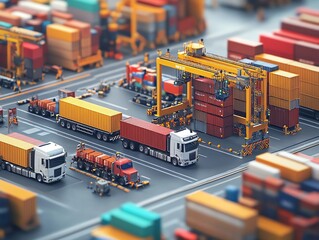 Poster - Container Port, Cargo Trucks and Cranes.