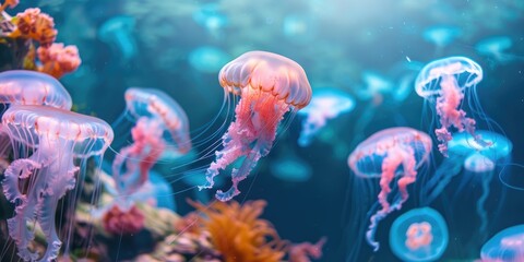 Sticker - Jellyfish swimming in a blue aquarium