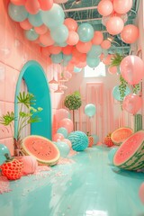 Wall Mural - A room with pink and blue balloons and a watermelon