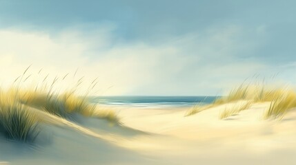 Wall Mural - A serene coastal view featuring sandy dunes, beach grass, and gentle ocean waves under a partly cloudy sky