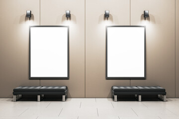 Poster - Modern exhibition hall interior with white mock up banner on light wall, concrete flooring and seats. Gallery concept. 3D Rendering.