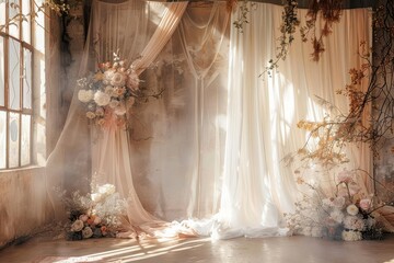 romantic elegance personified ethereal wedding backdrop bathed in soft light delicate bridal textiles creating dreamy atmosphere for timeless nuptial celebrations