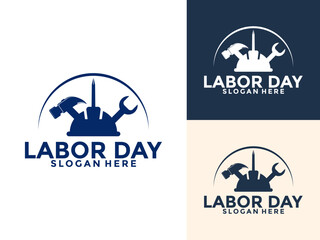 Labor Day with hammer, wrench, and safety helmet Logo vector, Construction, worker logo design template, illustration, poster, flyer, greeting card