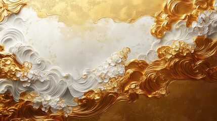 Wall Mural - Decorative artwork features flowing patterns in golden and white hues, enhancing the elegance of the interior space