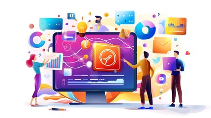 Wall Mural - people working on a computer with colorful abstract shapes and icons.