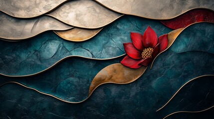 Canvas Print - A beautiful wall display showcases flowing waves and a striking red lotus flower, enhancing the artistic ambiance of the space