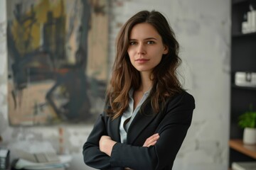 Woman Entrepreneur in Office: Business Portrait of Successful Adult Businesswoman with Arms Crossed