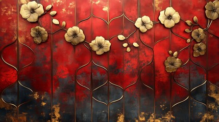 Wall Mural - A decorative metal panel showcases intricate cherry blossoms against a vibrant red backdrop