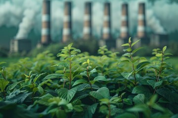 Wall Mural - a lush green field with a few trees and a power plant in the background
