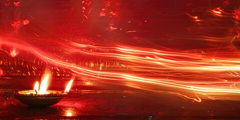 Wall Mural - Diwali lamps illuminated to celebrate the traditional Diwali festival in India with stunning red light trails