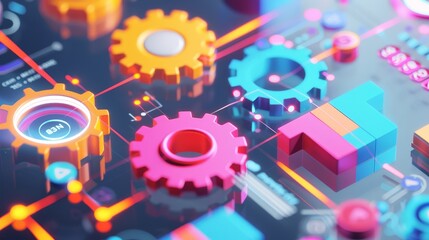 Poster - workflow systems, showcasing tools, schedules, and efficiency symbols to optimize operational processes and output.