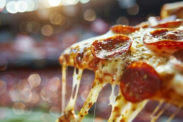 Wall Mural - Close-Up of Pizza Slice with Blurred Football Stadium Background