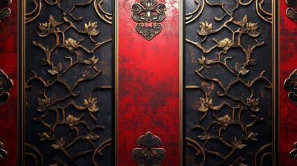 Canvas Print - Elaborate wall panel showcasing exquisite floral engravings in red and black tones, enhancing the interior decor