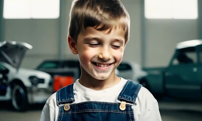 Wall Mural - Cute little boy in overalls smiling at the camera in the garage