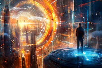 Wall Mural - Futuristic Cityscape with Portal and Man.