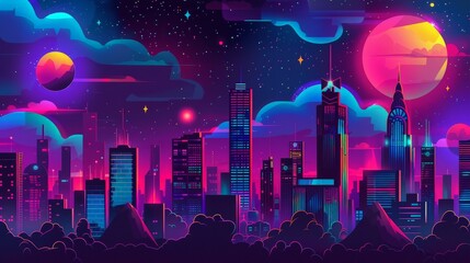 Sticker - Neon city skyline with glowing buildings, vibrant stars, and luminescent clouds for a Flappy Bird game.