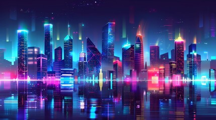 Sticker - Neon cityscape background with glowing skyscrapers and vibrant neon signs, perfect for a Flappy Bird game