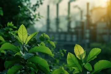 Wall Mural - a lush green field with a few trees and a power plant in the background