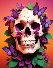 Wall Mural - A skull made entirely of vibrant flowers and leaves, with petals forming the contours of the face. Floral skull