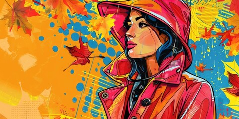 Wall Mural - Woman in red raincoat, autumn leaves, abstract background.