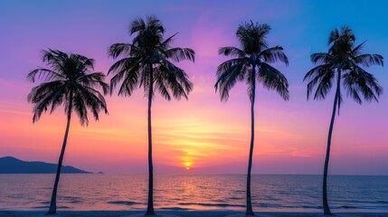 Wall Mural - Palm trees silhouetted against a vibrant sunset on a tropical beach