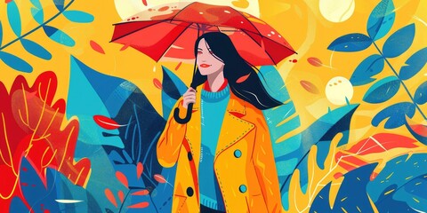 Wall Mural - Woman in yellow coat with red umbrella.