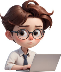 Young male office worker looking at laptop 3D illustration icon