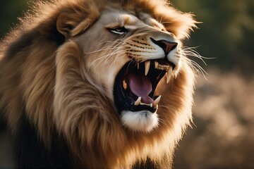 Wall Mural - lion dangerous teeth splaying portrait growl roar yawn open mouth display fierce wide big male side view africa african animal carnivore cat ferocious leo nature panthera predator safari wild