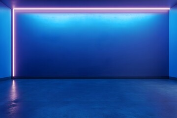 Wall Mural - Empty room image with blue walls and floor with glowing led lights for interior showcase display background