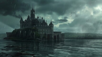 Poster - Rain clouds gather over a historic castle, their presence adding a dramatic and mysterious atmosphere.