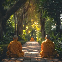 Poster - Buddhist Monks Meditating in Serene Temple Garden Capturing Spiritual Tranquility in Thailand