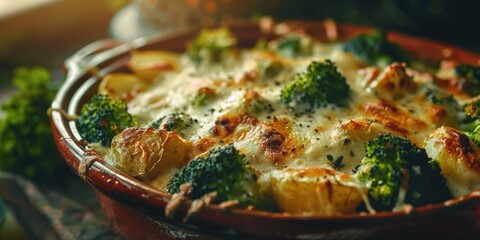 Wall Mural - Close up of Broccoli Casserole with Vegetable Gratin Baked Potatoes Cheese and Cream