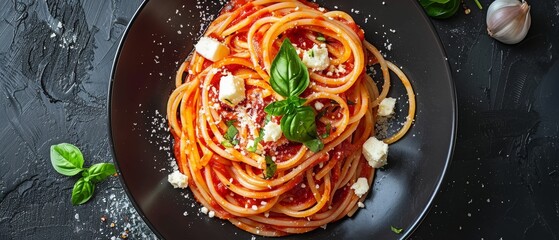 Wall Mural - A vibrant plate of spaghetti topped with feta cheese and persimmon sauce, garnished with fresh basil, ready to be enjoyed