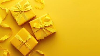 Wall Mural - Yellow Gift. Bright Gift Present Boxes with Ribbon on Spring Holiday Background