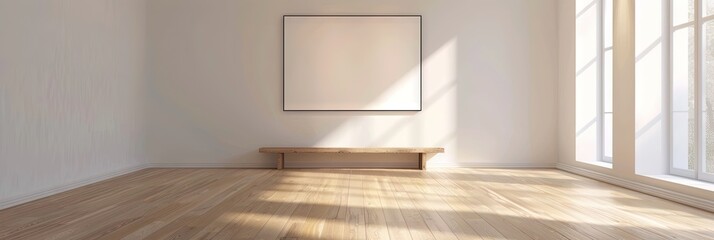 a bright empty art gallery wall with a bench in front of it