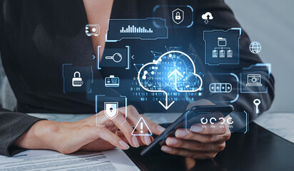 Poster - Woman finger touch phone screen, glowing cloud with data storage and security