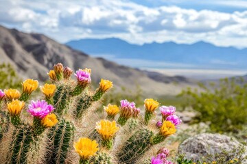 Blooming Cactus with Yellow and Pink Flowers Against Mountain Background